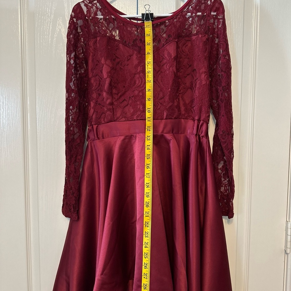 Spliced Burgundy Lace Satin High-Low Dress Long Sleeve Size Medium - Picture 5 of 13